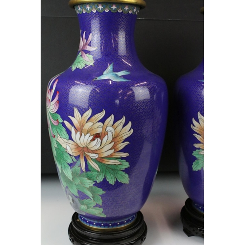 197 - Pair of Chinese Cloisonne Baluster Vases decorated with birds and flowers on a blue ground, Jingfa l... 