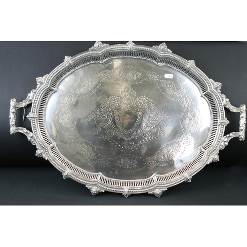 199 - Large Mappin and Webb Silver Plated Oval Serving Tray with shaped gadrooned edge, foliate engraved c... 