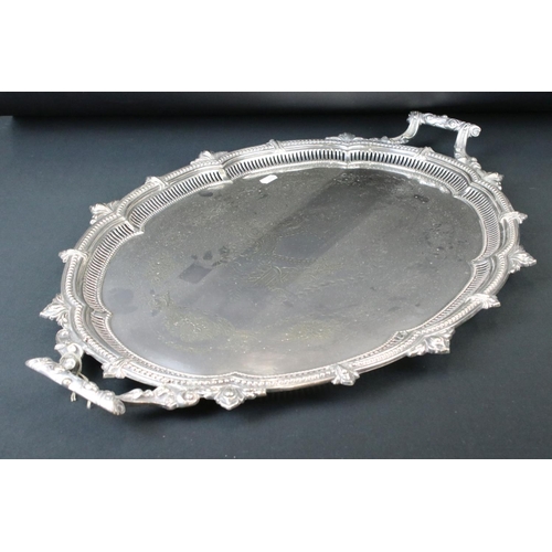 199 - Large Mappin and Webb Silver Plated Oval Serving Tray with shaped gadrooned edge, foliate engraved c... 