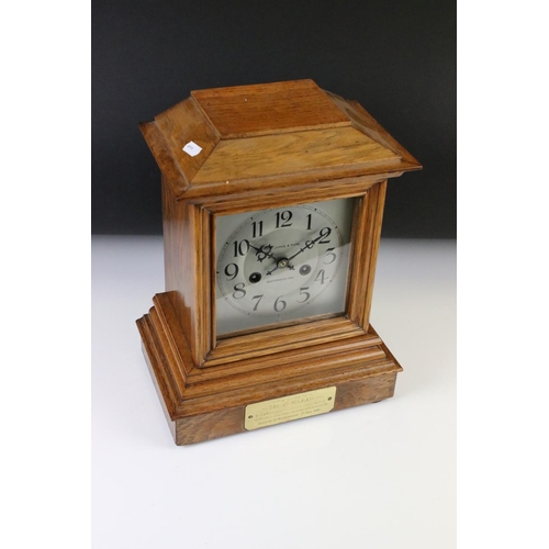 150 - Early 20th Century ' R.A Jones & Sons ' Oak Cased Striking Mantle Clock with silvered dial, Arabic n... 