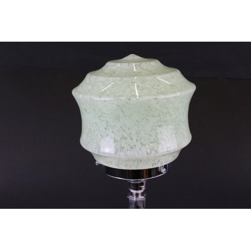 157 - Art Deco chrome table lamp with mottled green glass shade, above a hexagonal column on an octagonal ... 