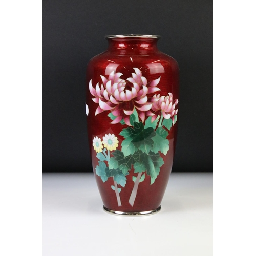 166 - Japanese Ando Cloisonne Vase on Silver coloured base, the red body decorated with flowers, marked to... 