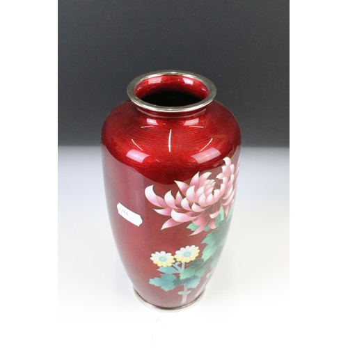 166 - Japanese Ando Cloisonne Vase on Silver coloured base, the red body decorated with flowers, marked to... 