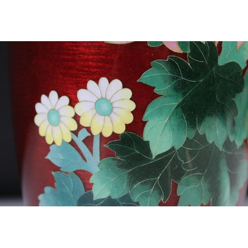 166 - Japanese Ando Cloisonne Vase on Silver coloured base, the red body decorated with flowers, marked to... 