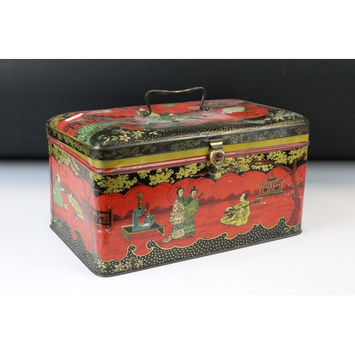 178 - Two Chinese-style Biscuit Tins to include a bombe-shaped example - 31.5cm wide (containing a collect... 