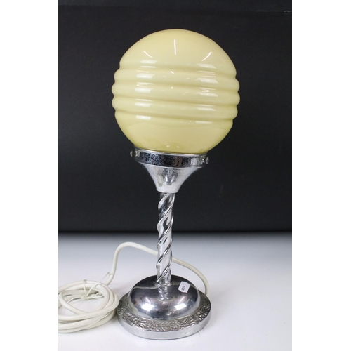 181 - Art Deco Chrome Table Lamp with pale yellow ribbed glass shade above a spiral twist support, with ci... 