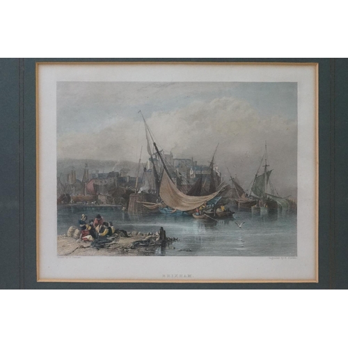 10 - 19th Century ' Brixham ' coloured engraving depicting a harbour scene, engraved by E. Finden, framed... 