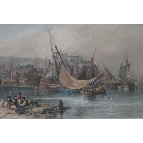 10 - 19th Century ' Brixham ' coloured engraving depicting a harbour scene, engraved by E. Finden, framed... 