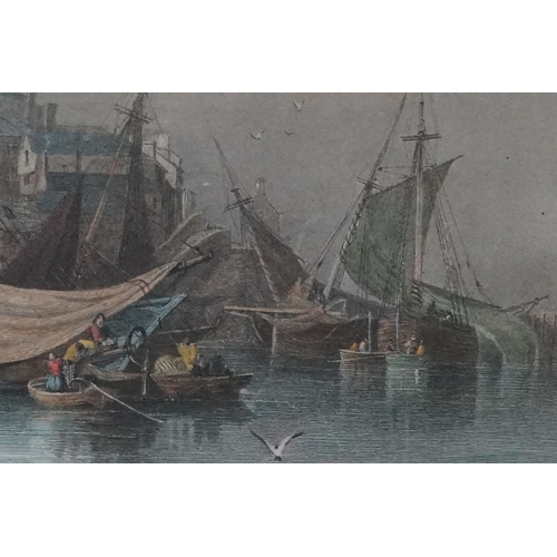 10 - 19th Century ' Brixham ' coloured engraving depicting a harbour scene, engraved by E. Finden, framed... 