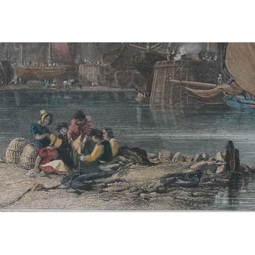 10 - 19th Century ' Brixham ' coloured engraving depicting a harbour scene, engraved by E. Finden, framed... 