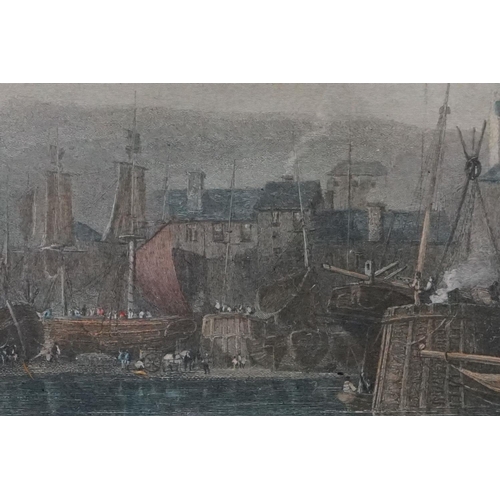 10 - 19th Century ' Brixham ' coloured engraving depicting a harbour scene, engraved by E. Finden, framed... 