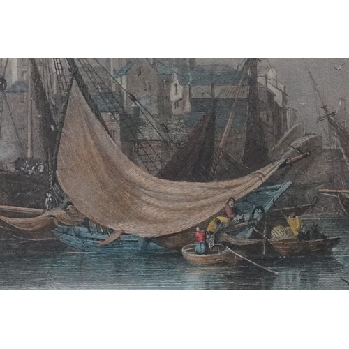 10 - 19th Century ' Brixham ' coloured engraving depicting a harbour scene, engraved by E. Finden, framed... 