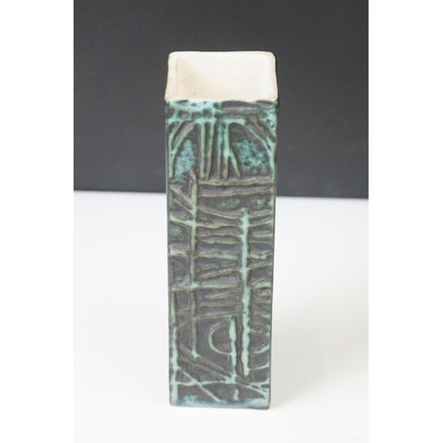 11 - Cornish pottery rectangular vase, marked ' Troika, Cornwall ' to base, with relief abstract decorati... 