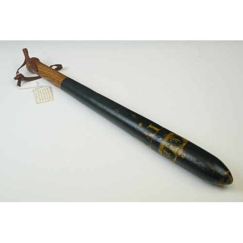 12 - Wooden police truncheon with painted 'William IV' initials and crown, on a dark blue painted ground,... 