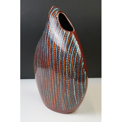 13 - Anita Harris ' Teardrop ' vase decorated with blue vertical stripes on a red ground, approx 30cm hig... 