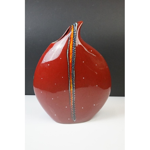 13 - Anita Harris ' Teardrop ' vase decorated with blue vertical stripes on a red ground, approx 30cm hig... 