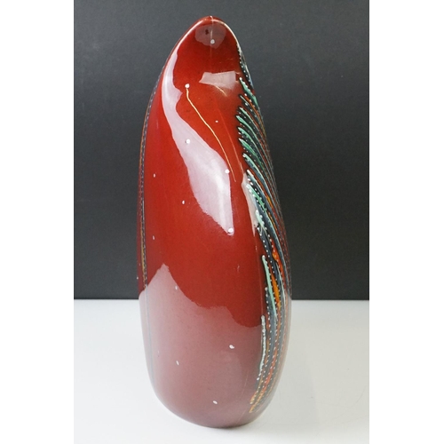 13 - Anita Harris ' Teardrop ' vase decorated with blue vertical stripes on a red ground, approx 30cm hig... 