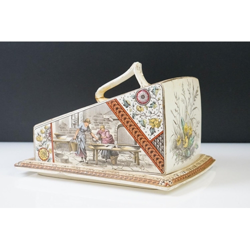 14 - Victorian Cheese Dish of wedge form, transfer printed with milkmaids and dairy scenes in the aesthet... 