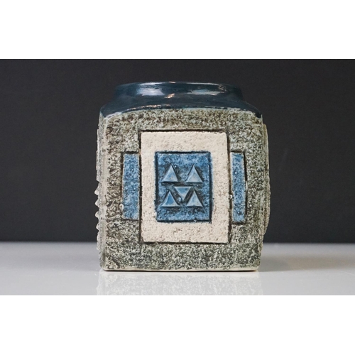 18 - Troika Pottery Marmalade Jar of cube form, the body with incised geometric design, signed 'Troika' t... 