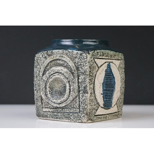 18 - Troika Pottery Marmalade Jar of cube form, the body with incised geometric design, signed 'Troika' t... 