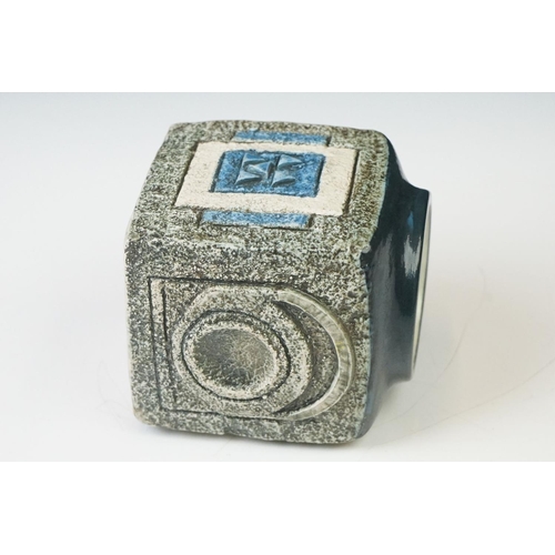 18 - Troika Pottery Marmalade Jar of cube form, the body with incised geometric design, signed 'Troika' t... 