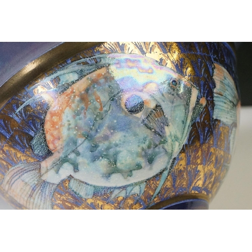 23 - Mid 20th Century Footed Lustre Ware Dish with John Dory fish decoration and gilt banding, signed to ... 