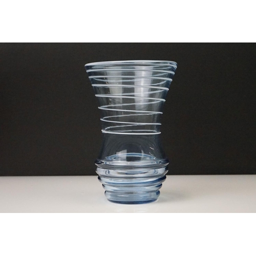 46 - Three coloured studio glass vases with ribbed design and ground pontils (featuring a blue tinted exa... 