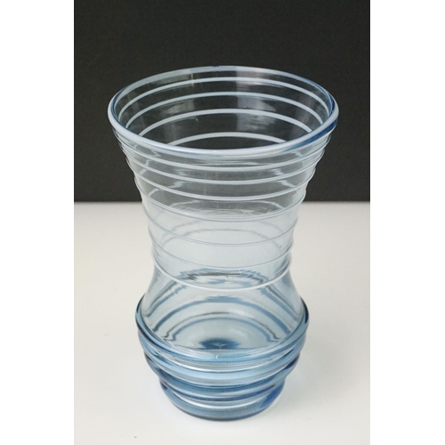 46 - Three coloured studio glass vases with ribbed design and ground pontils (featuring a blue tinted exa... 