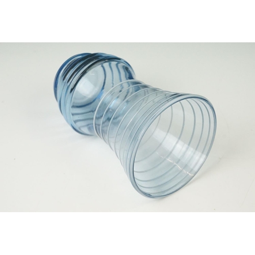 46 - Three coloured studio glass vases with ribbed design and ground pontils (featuring a blue tinted exa... 