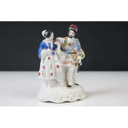 61 - Five 19th Century porcelain figures to include a Staffordshire Welch Taylor's Wife figure (13cm high... 