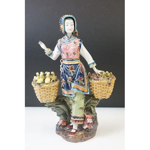 66 - 20th Century Chinese Famille Rose pottery figure of a lady with two baskets surmounted by chicks, ch... 