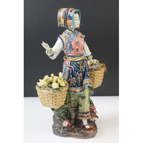 66 - 20th Century Chinese Famille Rose pottery figure of a lady with two baskets surmounted by chicks, ch... 