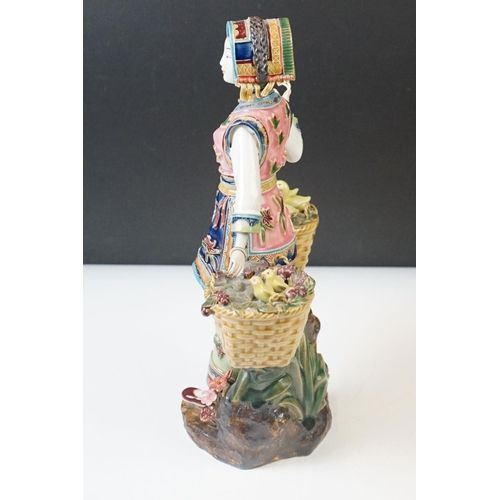 66 - 20th Century Chinese Famille Rose pottery figure of a lady with two baskets surmounted by chicks, ch... 