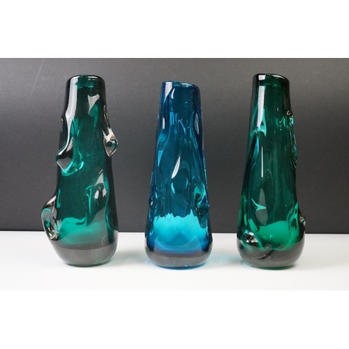 7 - Two Whitefriars ' Knobbly ' green cased glass vases by William Wilson and Henry Dyer, pattern 9612, ... 