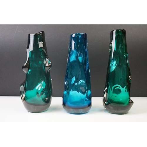 7 - Two Whitefriars ' Knobbly ' green cased glass vases by William Wilson and Henry Dyer, pattern 9612, ... 