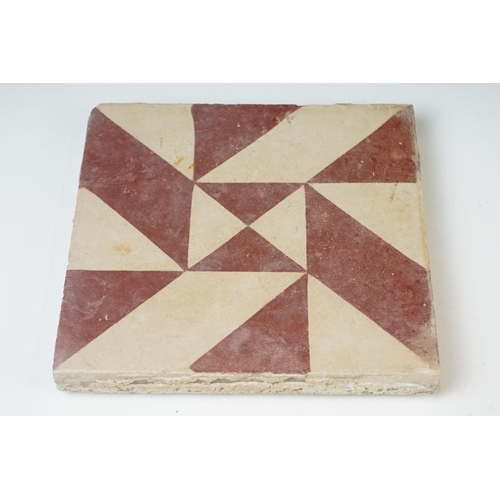 72 - Three French / Italian encaustic floor tiles of geometric design, measure approx 20cm x 20cm