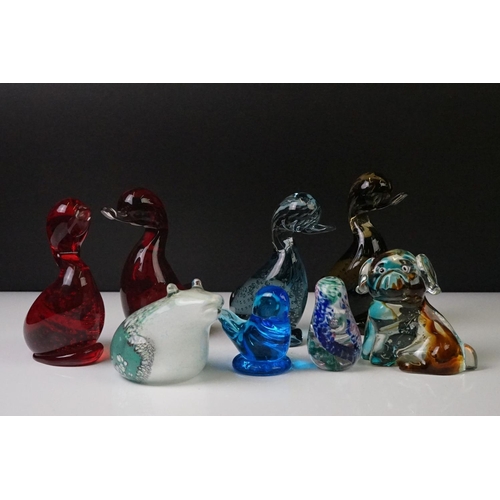 74 - Four Whitefriars ' Dilly Duck ' glass figures to include 2 x Ruby Red, Ocean Green and a Twilight ex... 