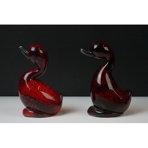 74 - Four Whitefriars ' Dilly Duck ' glass figures to include 2 x Ruby Red, Ocean Green and a Twilight ex... 