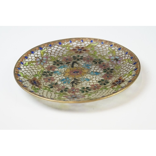 79 - Chinese Plique-a-jour glass bowl & dish with floral mosaic coloured glass designs and pierced hardwo... 