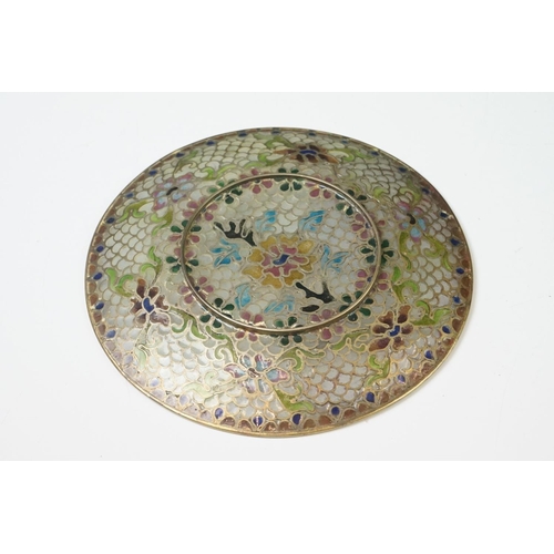 79 - Chinese Plique-a-jour glass bowl & dish with floral mosaic coloured glass designs and pierced hardwo... 