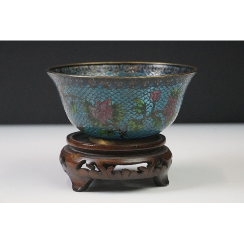 79 - Chinese Plique-a-jour glass bowl & dish with floral mosaic coloured glass designs and pierced hardwo... 