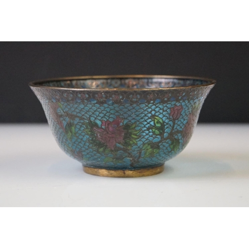 79 - Chinese Plique-a-jour glass bowl & dish with floral mosaic coloured glass designs and pierced hardwo... 