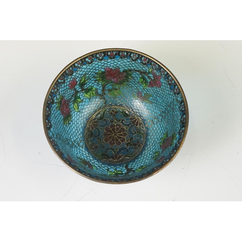 79 - Chinese Plique-a-jour glass bowl & dish with floral mosaic coloured glass designs and pierced hardwo... 