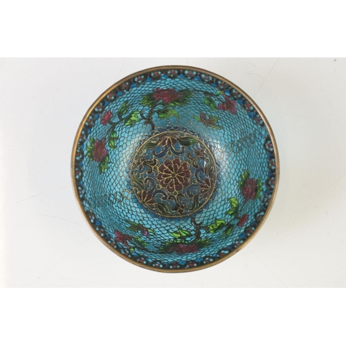 79 - Chinese Plique-a-jour glass bowl & dish with floral mosaic coloured glass designs and pierced hardwo... 