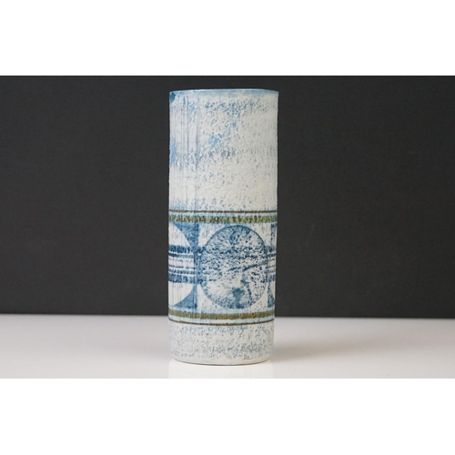 8 - Troika Pottery cylindrical vase, decorated with a disc band on textured blue tone ground, signed 'Tr... 