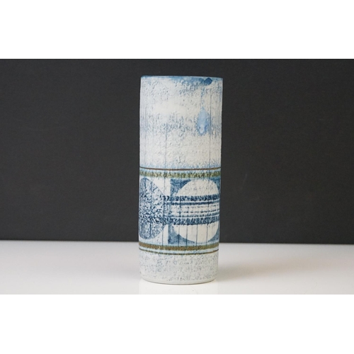 8 - Troika Pottery cylindrical vase, decorated with a disc band on textured blue tone ground, signed 'Tr... 