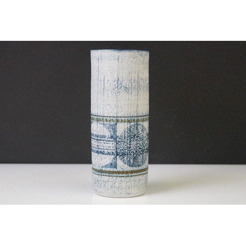 8 - Troika Pottery cylindrical vase, decorated with a disc band on textured blue tone ground, signed 'Tr... 