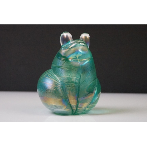 90 - 20th Century iridescent green glass frog paperweight, in the manner of John Ditchfield, signed to ba... 