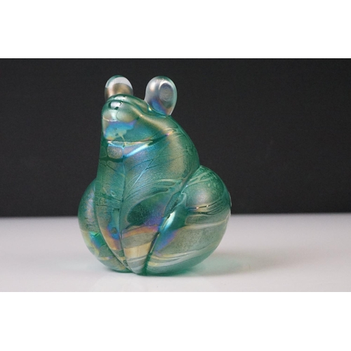 90 - 20th Century iridescent green glass frog paperweight, in the manner of John Ditchfield, signed to ba... 