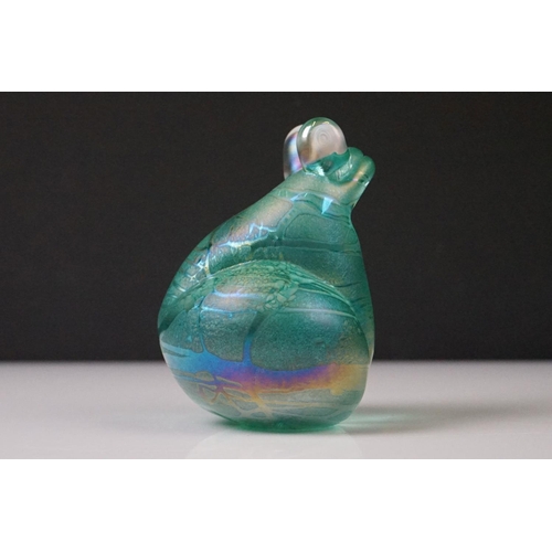 90 - 20th Century iridescent green glass frog paperweight, in the manner of John Ditchfield, signed to ba... 